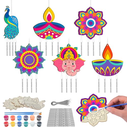 Silipull 24 Sets Diwali Wind Chimes Craft for Kids | Unfinished Wooden Chimes with Paints, Color Your Own Designs, School Classroom Projects, DIY Crafts, Home Hanging Ornaments - style: Diwali Mandala
