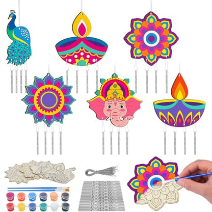 Silipull 24 Sets Diwali Wind Chimes Craft for Kids | Unfinished Wooden Chimes with Paints, Color Your Own Designs, School Classroom Projects, DIY Crafts, Home Hanging Ornaments - style: Diwali Mandala