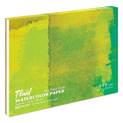 Fluid Watercolor Paper Block, 6 x 8 inches, 15 Sheets, 140 lb (300 GSM) Hot Press Paper Pad for Artist Painting and Wet Media - size: 6 x 8