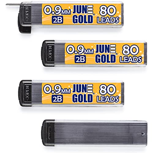June Gold 0.9 mm, 320 Lead Refills, 2B, 4 Dispensers/w 80 Pieces Each | Bold Thickness, Break Resistant Graphite, Elegant Dispensing Mechanism, 1.0 mm Compatible - color: 2b Graphite, style: 0.9 mm