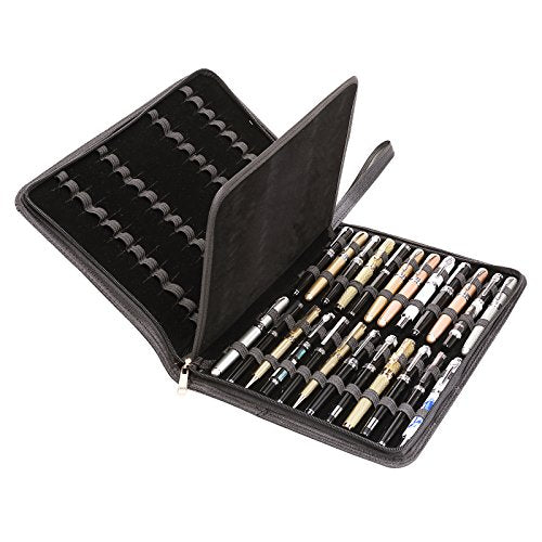 48 PU Leather Fountain Pen Case Large Capacity Black Roller Ball Pen Holder Bag Pouch - size: Black for 48 pens