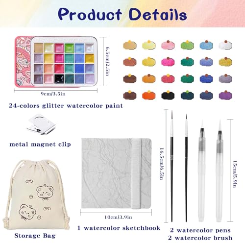 Mini Watercolor Paint Set - 24 Colors Glitter Travel Watercolor Set, Portable Metallic Water Color Paints Palette Box with Watercolor Book,Clips,Pens,Storage Bag for Painting Lovers and Artists - color: Pink 24 Colors
