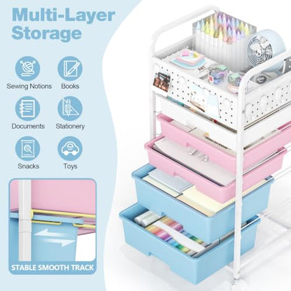 5 Drawer Rolling Storage Cart with Pegboard Top and Hooks, Pink&Blue - color: Pink&Blue, size: 5-Drawers