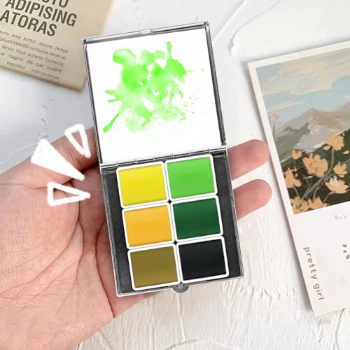 Mini Portable 6-Color Solid Watercolor Paint Set for Adults & Artists, High Tinting Strength Travel Art Kit for Beginners and Professionals, Half Pans (Each Capacity Approx 1.5ml).Yellow Green - color: Solid Watercolor-yellow Green