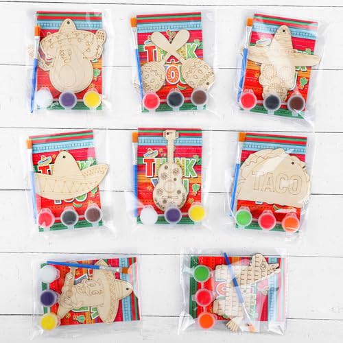 Saypacck 24 Pcs Mexican Taco Party Favors Wooden Paint Craft Kits | Mexican Taco Theme Painting Crafts, Fairy Princess Unicorn Party Supplies, Organza Bags Included for Goodie Bag Fillers - style: Mexican Taco