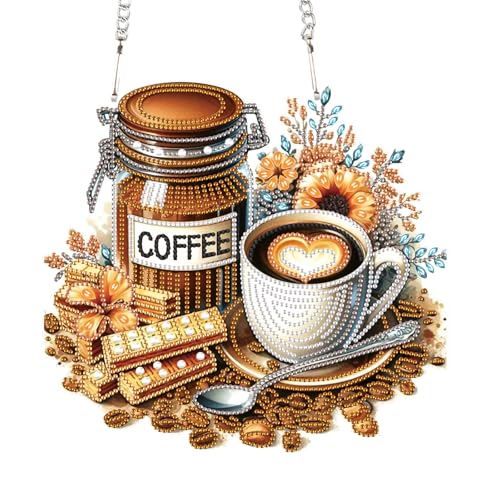 AiYuanzsh DIY Large Coffee Diamond Art Hanging Kits for Adults with Chain | 5D Diamond Painting Hanging, Crystal Diamond Art Pendant Kit for Gift Window Door Wall Home Christmas Decoration 25.2x23.3 cm - color: Coffee