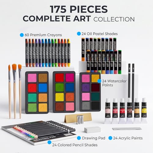 175-Pack Deluxe Wooden Art Set Drawing Painting Kit with 2 Drawing Pads, Acrylic Paints, Colored Pencils, Crayons, Paint Brush, Art Kit in Wooden Case, Gift for Artist, Adults, Teens and Kids - color: Pink