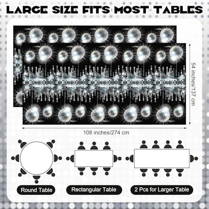 Kochorie 2 Pcs Plastic Disco Tablecloths, Silver Glitter Metallic Table Cover, Disposable Las Vegas Party Tablecover, Sparkle Table Runner for Birthday 70s Party Decorations, 108 x 54 Inch - style: Disco