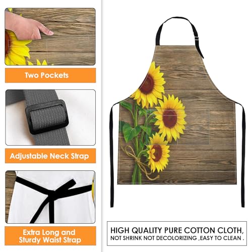 Apron with Pockets, 32x28 inch, for Women Men, Sunflowers Wooden | Autumn Flower Wood Board Waterproof Adjustable Bib Aprons for Kitchen Cooking Baking Painting Gardening - color: Sunflower Wooden
