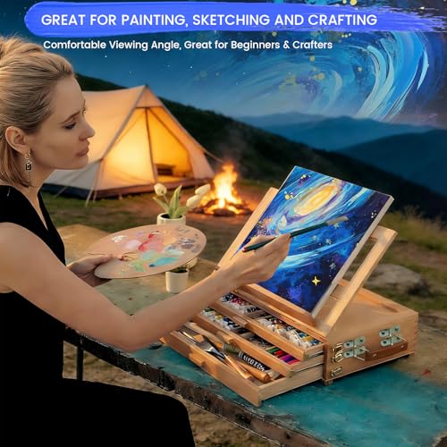Tabletop Easel for painting with Storage, Wooden Artist Box Easel with 3 Drawers, Adjustable Desk Easel for Painting, Beechwood Art Supply Organizer with Handle & Strap for Adults Artists (Beech Wood)