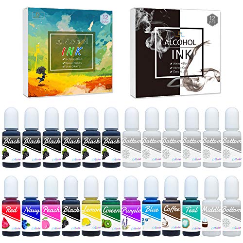 12 Alcohol Ink Set Plus 6 White & 6 Black Alcohol Inks - 24 Alcohol-Based Ink for Resin Petri Dish Making, Epoxy Resin Painting - Alcohol Color Dye for Resin Art, Tumbler Making - 0.35oz Each