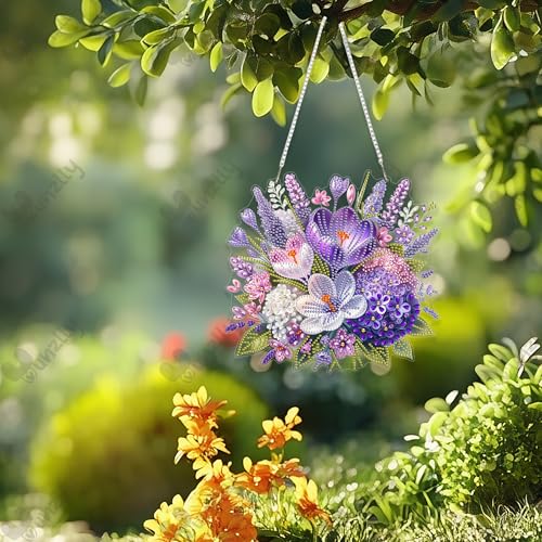 Yunzlly DIY Hanging Diamond Art Pendant Kit Wreath, Special Crystal Spring Diamonds Painting Ornament Kit for Adults, Acrylic Board Gem Painting Box Kit (Purple Flower) - color: Purple Flower