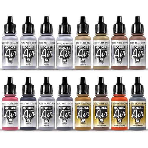 Vallejo Paints: Model Air Color Set - Metallic Effects - 16 Paint Colors - 18ml (.60oz) Bottles, Acrylics for Modeling & Miniatures, Opaque, Hobby