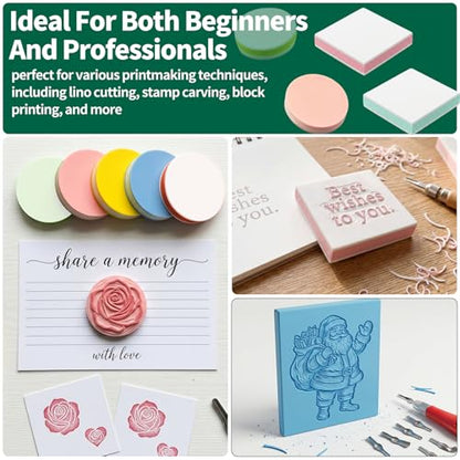 21Pcs Linocut Kit for Printmaking & Stamp Carving, 14Pcs Soft Rubber Linoleum Blocks and Carving Tool for Beginner Printing Craft Supplies