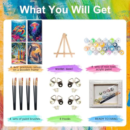 4 Pack Beach Paint by Numbers for Adults with Framed Canvas - Wooden Easel - color: BKH2378+BKH2379+BKH2380+BKH2381