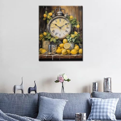 Farmhouse Kitchen Clock with Lemons Oil Painting Paint by Number Kits 16 x 20 inch Canvas Rustic Painting DIY Painting for Kids Students Adults Beginner with Brushes Acrylic Pigment(without Frame) - color: Garden 03, size: 16''x20''(Frameless)