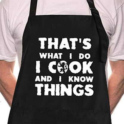 Rosoz Funny BBQ Black Chef Aprons for Men, Adjustable Kitchen Cooking Apron | I Cook and I Know Things, Adjustable, 2 Pockets, Long Ties, Waterproof Oil Proof , Husband Dad Papa Grilling Gifts
