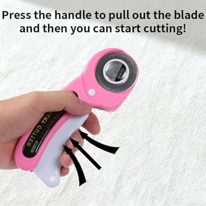 Rotary Cutter with 8Pcs Extra Blades, Ergonomic Rolling Cutter | 45mm Cutter with Safety Lock, Suitable for Leather, Crafting, Sewing, and Quilting Fabric (Pink)