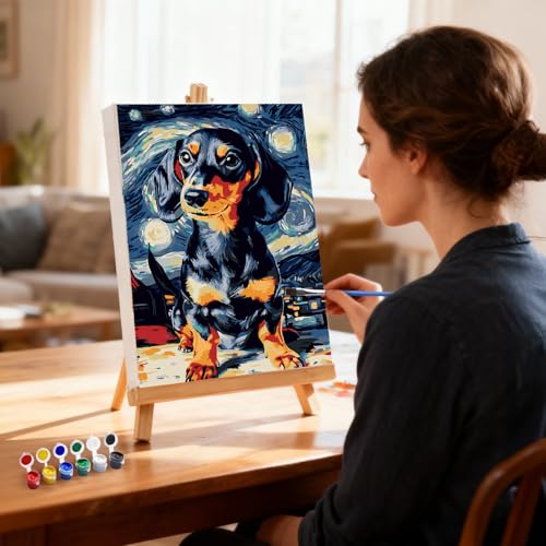 MXJSUA Starry Sky Dachshund Dog Paint by Numbers Kit with Frame for Adults, Animal Easy Beginners Paint by Number on Canvas with Easel, Acrylic Number Painting Craft Gifts for Home Decor, 8x12 inch - color: Starry Sky Dachshund Dog