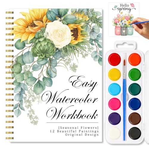 Seasonal Flowers Watercolor Workbook for Beginner, 12 Beautiful Seasonal Flowers Sunflower Wildflower Butterfly Patterns Water Coloring Book, Paint Set with Palette and Brush, Gift for Flower Lovers - color: Sunflower