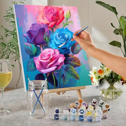MaiMMaledy Paint by Numbers Kit for Adults Beginners Canvas Pictures with Framed Drawing Painting Acrylic Pigment with Wooden Triangle Easel Rose 8Wx12L inch - color: Rose, size: Rose 12x8inch