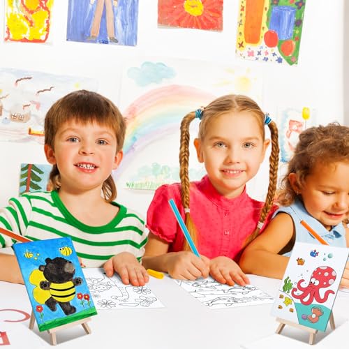 Tenceur 48 Pcs Kids Paint Party Favors Sets with 12 Pcs Animals Oceans Pre Drawn Canvas Panel and Wooden Easel Set Paint Pots and Brushes 12 Mini Apron and Tote Bag for Kids Girls Student Boys - style: Fresh
