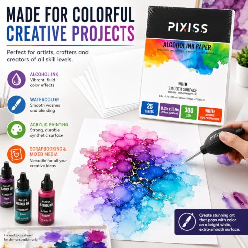White Alcohol Ink Paper - 25 Sheets Pixiss Heavy Weight Art Paper for Alcohol Ink & Watercolor - Extra Smooth Synthetic Paper A4 8x12 inches, 300gsm - size: 1 Pack | 25 Sheets