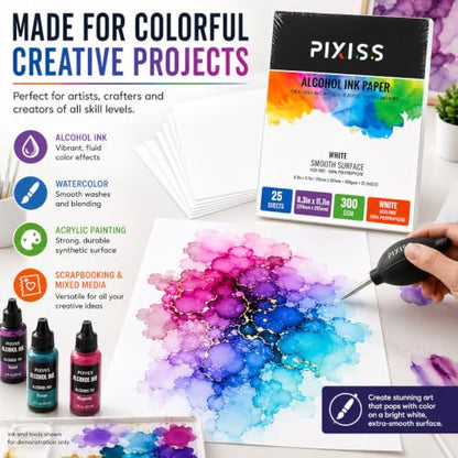 White Alcohol Ink Paper - 25 Sheets Pixiss Heavy Weight Art Paper for Alcohol Ink & Watercolor - Extra Smooth Synthetic Paper A4 8x12 inches, 300gsm - size: 1 Pack | 25 Sheets