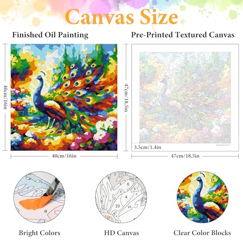 Paint by Numbers Kit for Adults, Peacock & Flower Design, 16x16 Inch | DIY Acrylic Painting Kit on Canvas for Beginners, Relaxing Arts & Crafts for Stress Relief, Home Wall Decor & Gift - color: HMOP251010
