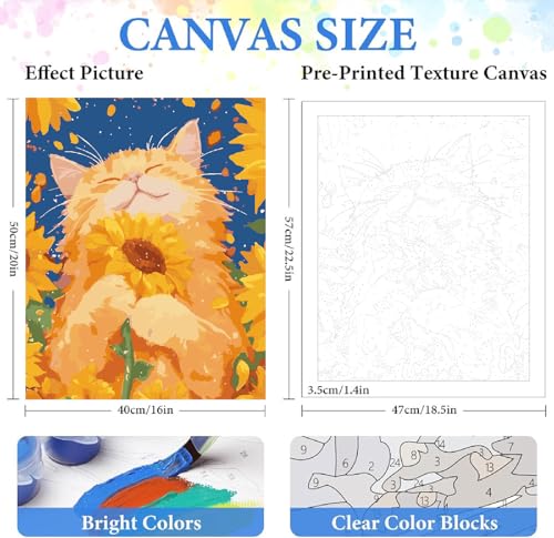 ZRIZQ Paint by Numbers Kit for Adults Beginner Animal,Cat Sunflowers,16x20 | Full set with wooden brushes,rolled canvas,rich paints.Calming activity.Beginner friendly.Just open and paint. - color: 16"X20"Rolled Canvas(Frameless)-Cat 12