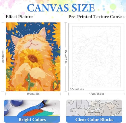 ZRIZQ Paint by Numbers Kit for Adults Beginner Animal,Cat Sunflowers,16x20 | Full set with wooden brushes,rolled canvas,rich paints.Calming activity.Beginner friendly.Just open and paint. - color: 16"X20"Rolled Canvas(Frameless)-Cat 12