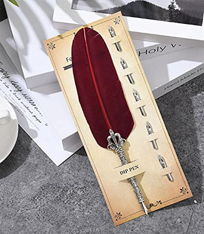 Gullor Calligraphy Feather Quill Pen and 5 Calligraphy Nibs for Beginners Kids Calligraphy Writing Quill Dip Pen Set, WineRed