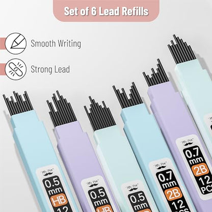 Mr. Pen- Pastel Mechanical Pencil Set with Lead Refills & Erasers, 6 Pack | 2 Sizes, 0.5 & 0.7mm, 6x Tubes HB & 2B Lead Refill, 3x Erasers for School Supplies, Note Taking, Drawing, Sketching, Office