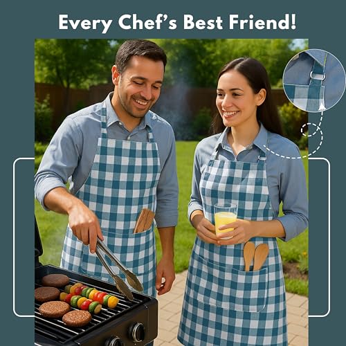 Native Fab Kitchen Apron 2 Pack - 100% Cotton Adjustable, Durable Apron with Pockets, Perfect for Cooking, Baking, Grilling - color: Buffalo, Teal Green