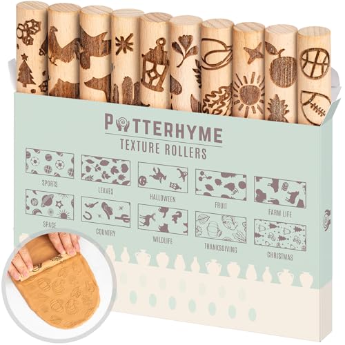 10pcs Wooden Clay Texture Rollers Set for Pottery & Ceramics - Popular Patterns - Potters Stamp Roller Tools for Ceramic Slabs - Textured Rolling Modeling Pins (0.63" x 5" inch) - color: Fun Activity