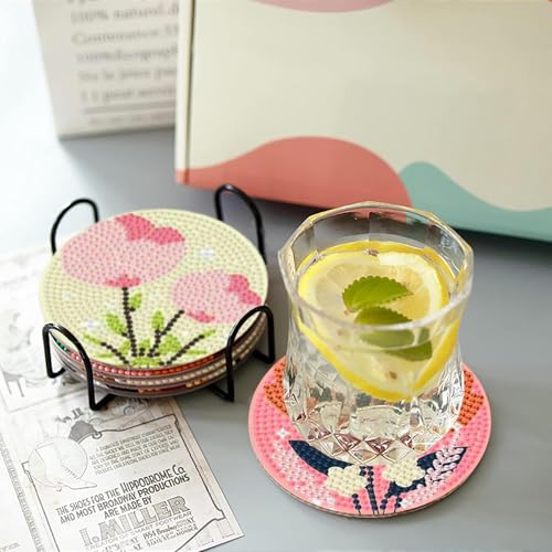 gganmtere 8p - Flowers Diamond Art Coasters,Flower Diamond Painting Coasters,5D DIY Full Drill Coaster with Holder Present - color: Jxbd104