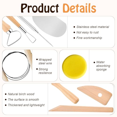 Akamino 20 Pcs Pottery Tools Include 1 Wood Rolling Pin,1 Portable Pottery Linen Tablecloth, 10 Pcs 5 Size Teaching Rolling Mud Stick Guide, 8 Clay Sculpting Tools for Manual Self Ceramic Clay Making