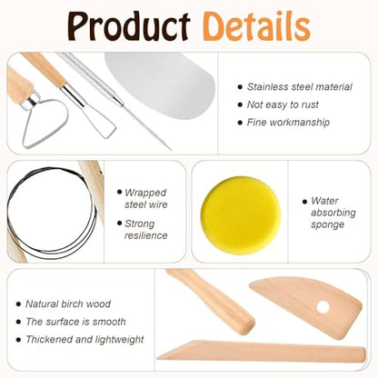 Akamino 20 Pcs Pottery Tools Include 1 Wood Rolling Pin,1 Portable Pottery Linen Tablecloth, 10 Pcs 5 Size Teaching Rolling Mud Stick Guide, 8 Clay Sculpting Tools for Manual Self Ceramic Clay Making