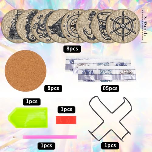 8 Pcs Diamond Art Painting Coasters with Holder, DIY Vintage Ocean Diamond Art Coasters for Adults Beginners 5D Gem Art Dots Paintings with Cork Pads Crafts Supplies - color: Vintage Ocean