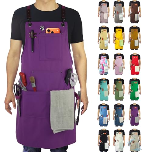 Kitchen Apron, Work Apron, Canvas, Multiple Pockets, Gardening, Painting, BBQ, Artist, Carpenter, Sizes M to XXL, Purple | Multiple Pockets, Gardening, Painting, BBQ, Artist, Carpenter, Sizes M to XXL - color: Purple