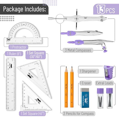 Mr. Pen- Geometry Set, 13 pcs, 3 Metal Compasses, Protractor, 6" Ruler | 45° & 30°/60° Set Squares, Pencils, Lead Refills, Sharpener & Eraser for Math, Drafting & Classroom Use | 45° & 30°/60° Set Squares, Pencils, Lead Refills, Sharpener & Eraser for Mat