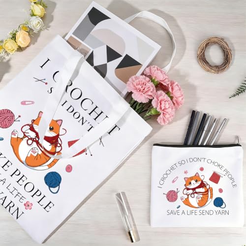 2Pcs Crochet Canvas Tote Makeup Bag Set Aesthetic Gifts 2 Sizes | Cat Tote Bag Set Cute Cat Yarn Design with Word, Polycotton Reusable Portable Zipper Cosmetic Case for Crocheters Work Travel