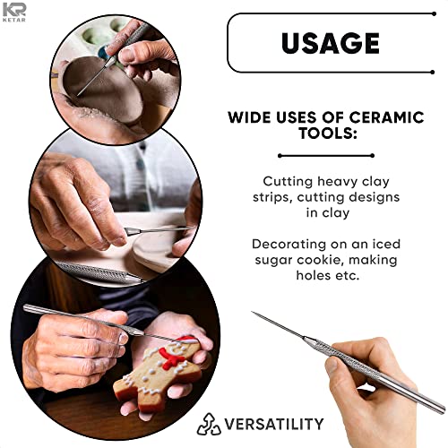 KETAR 4 Pcs Pottery ToolsTips, 6.3 Inch, Stainless Steel, Knurled Grip | Pottery Needle Tool Set; Non-Slip Grip, Protective Sleeve; Needle Tools for Clay; for Ceramics, Sculpting, and DIY Carving