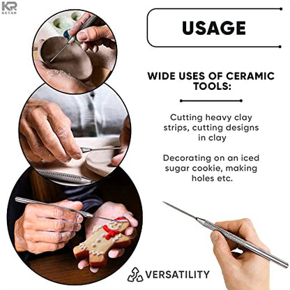 KETAR 4 Pcs Pottery ToolsTips, 6.3 Inch, Stainless Steel, Knurled Grip | Pottery Needle Tool Set; Non-Slip Grip, Protective Sleeve; Needle Tools for Clay; for Ceramics, Sculpting, and DIY Carving