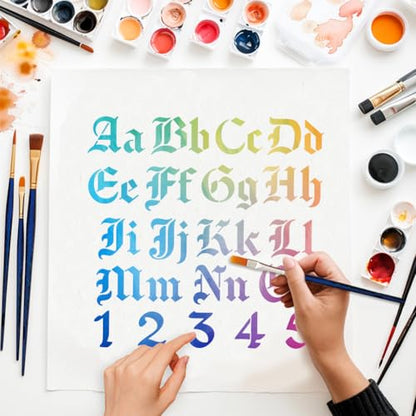 MAYJOYDIY 2 Pcs Gothic Alphabet Stencil 26 Letters Painting Stencils 11.8×11.8 Inch Reusable 0-9 Numbers Drawing Template with Paint Brush for Craft on Window Wood Wall Home Decor - style: Letter