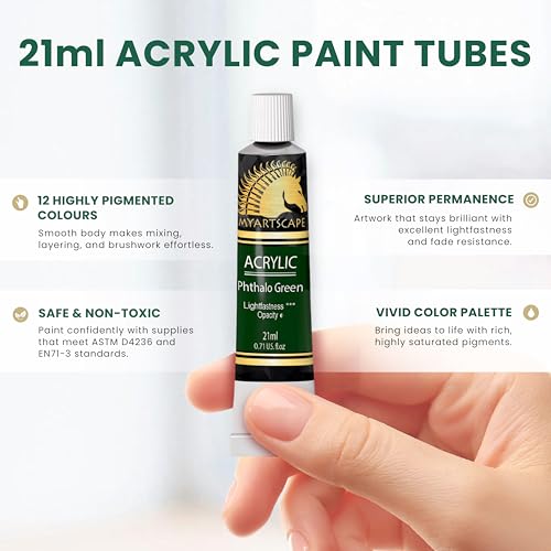 MyArtscape Heavy Body Acrylic Paint Set - 12 x 21ml Acrylic Paint | Rich pigment heavy body acrylic paint for canvas wood fabric with smooth blending and high opacity