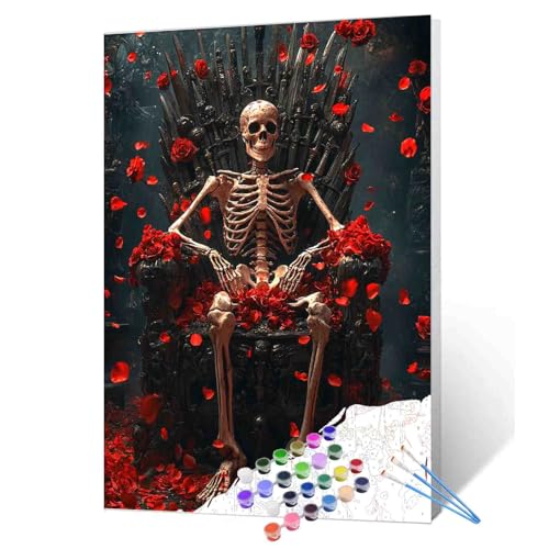 Tucocoo Skeleton Throne Gothic Horror Dark Paint by Number Kit for Students Beginners, Fantasy Red Roses Petals Mysterious Medieval Skull King Number Painting Home Wall Decor 16'' X 20'' (Frameless) - color: Dark Raven-05, size: 16''x20''(Frameless)