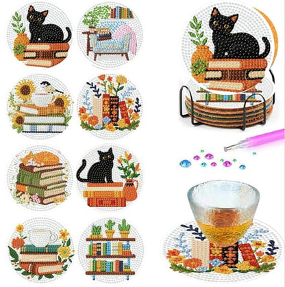 gganmtere 8 PCS Cat Diamond Painting Coasters Kits Set,Books Diamond Coaster with Holder,5D DIY Full Drill Adult Diamond Art Present - color: JXBD97
