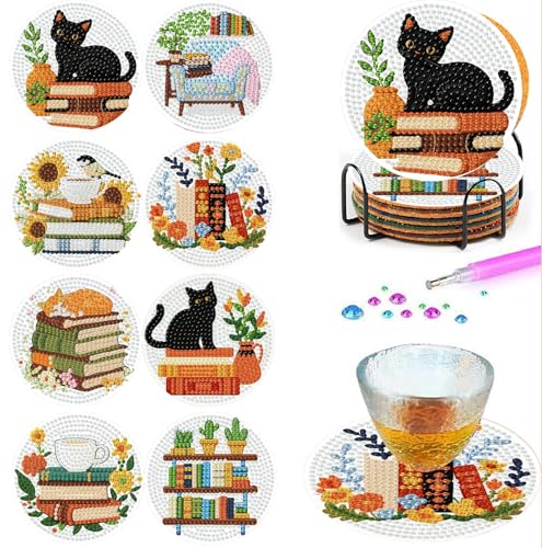 gganmtere 8 PCS Cat Diamond Painting Coasters Kits Set,Books Diamond Coaster with Holder,5D DIY Full Drill Adult Diamond Art Present - color: JXBD97