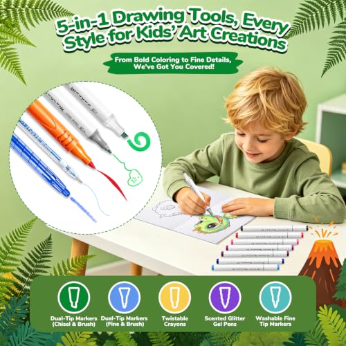 DreamyCandy 72 Pcs Washable Markers Set for Kids 4-8, Dinosaur Art Set Gift - color: Green Dinosaur